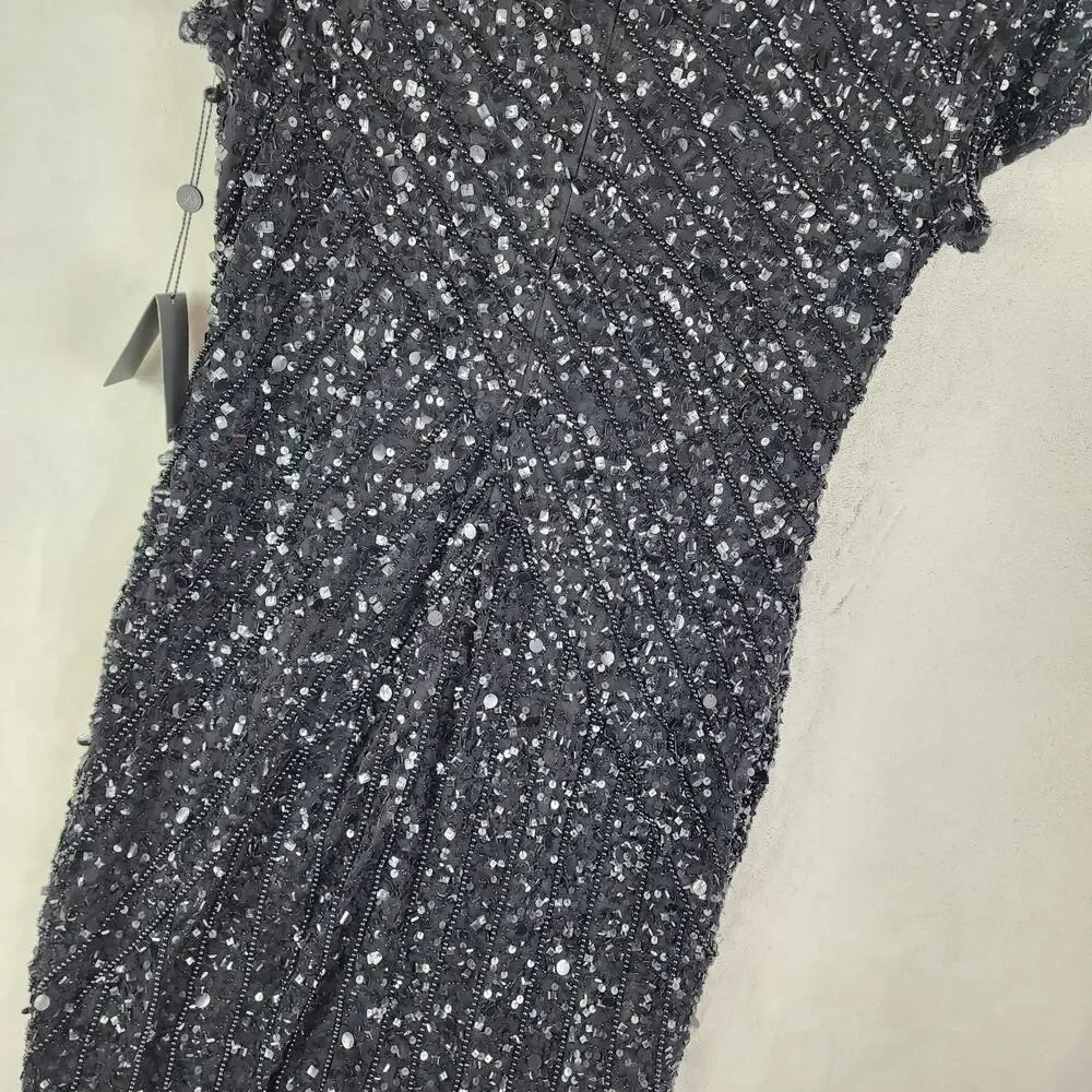 Adrianna Papell Cocktail Dress Women 14 Black Sequin & Beaded Mid Length Party